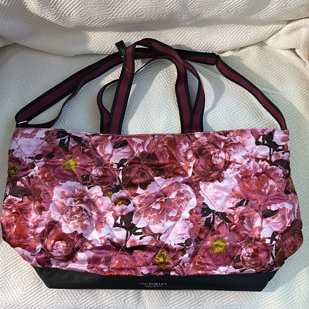 Victoria's Secret Floral Quilt Like Weekender Crossbody Tote Bag 23” x 12”